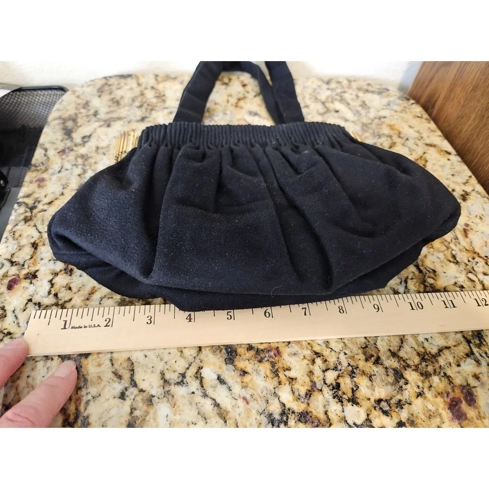 Vtg‎ 1940's Black Cloth Purse Handbag w/Gold accents to open